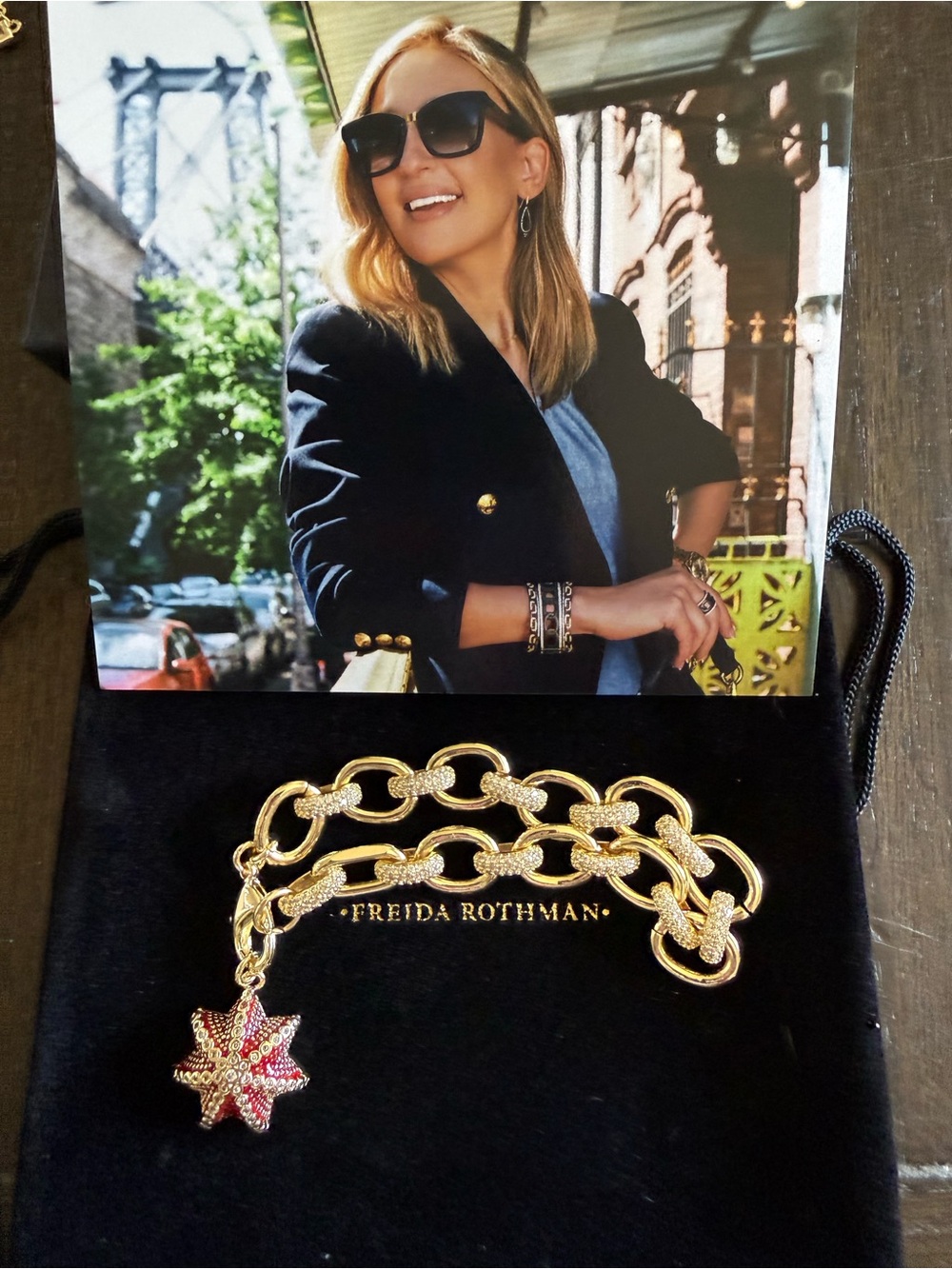 Freida Rothman Gold Chain Bracelet with Red Sea Urchin Charm